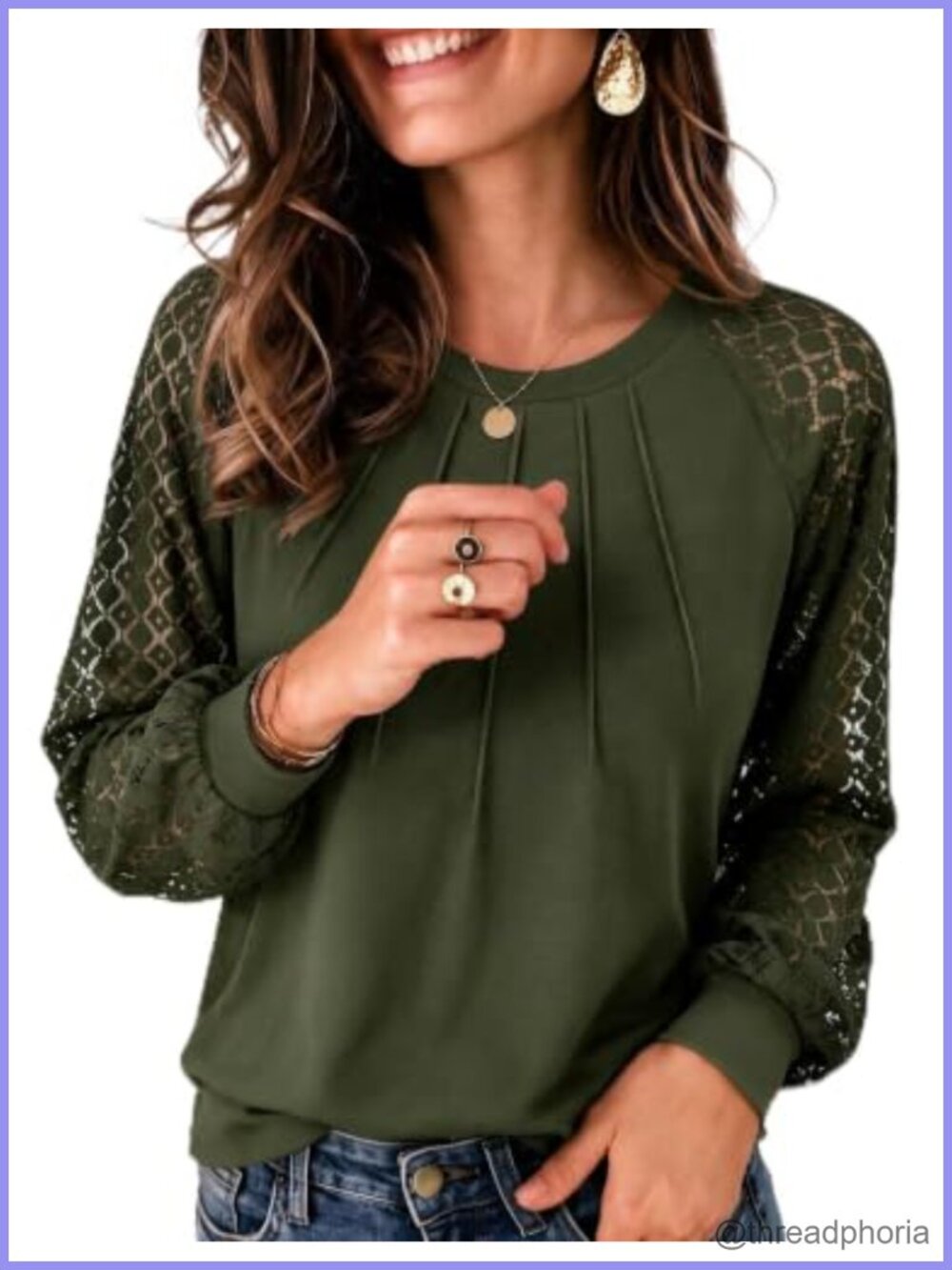 Women's Lace Long Sleeve Blouse Crew Neck Pleated Dressy Casual Top